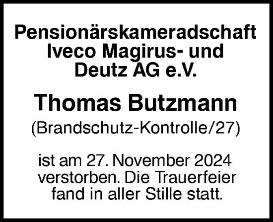 Traueranzeige von Thomas Butzmann von SÜDWEST PRESSE Ausgabe Ulm/Neu-Ulm