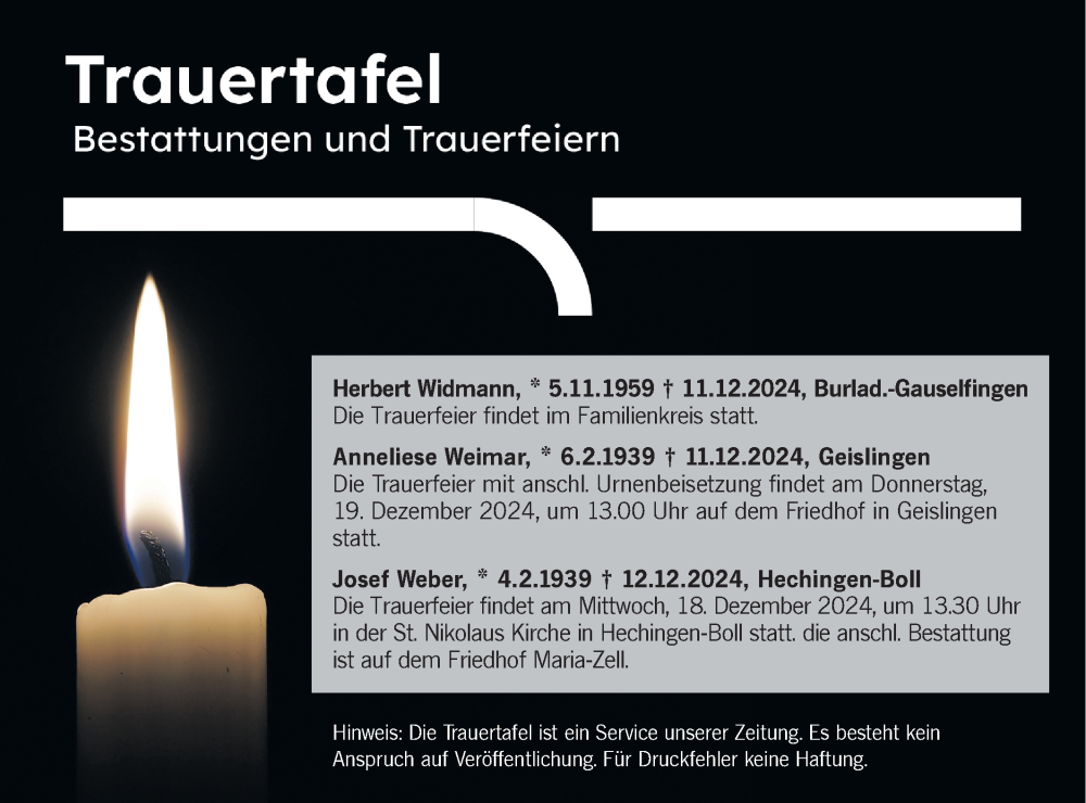  Traueranzeige für Totentafel vom 17.12.2024 vom 17.12.2024 aus SÜDWEST PRESSE Zollernalbkreis/Hohenzollerische Zeitung