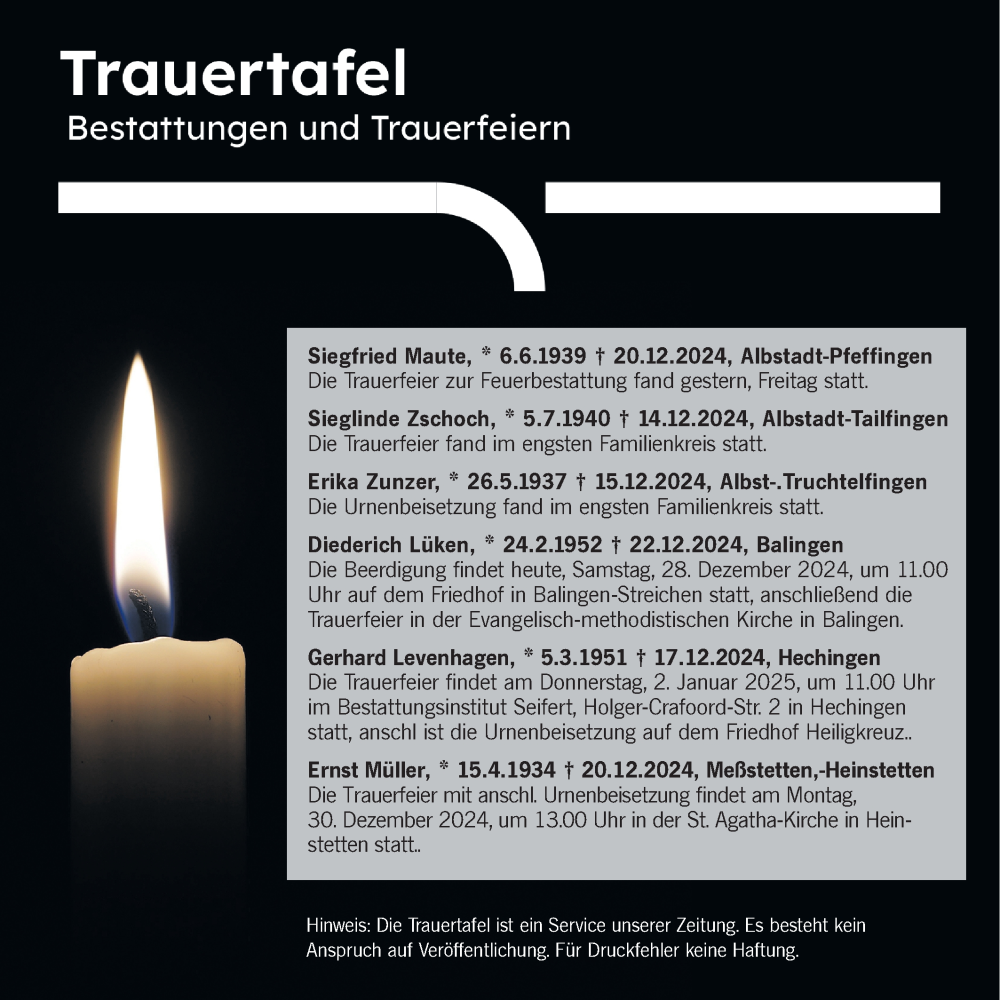  Traueranzeige für Totentafel vom 28.12.2024 vom 28.12.2024 aus SÜDWEST PRESSE Zollernalbkreis/Hohenzollerische Zeitung