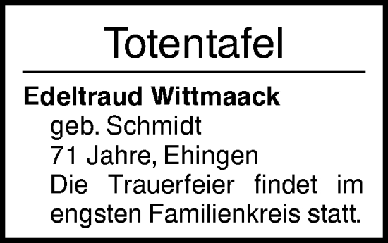 Traueranzeige von Totentafel vom 31.12.2024 von Ehinger Tagblatt