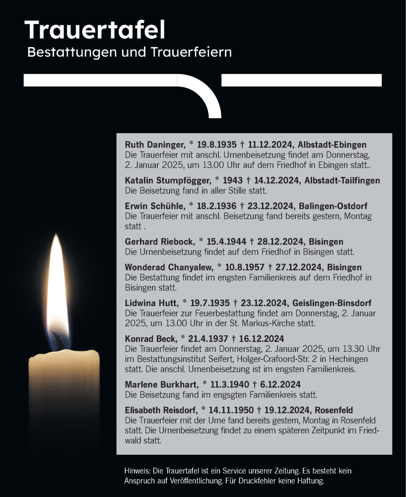  Traueranzeige für Totentafel vom 31.12.2024 vom 31.12.2024 aus SÜDWEST PRESSE Zollernalbkreis/Hohenzollerische Zeitung