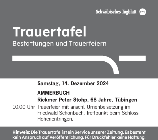 Traueranzeige von Trauertafel  von Schwäbische Tagblatt