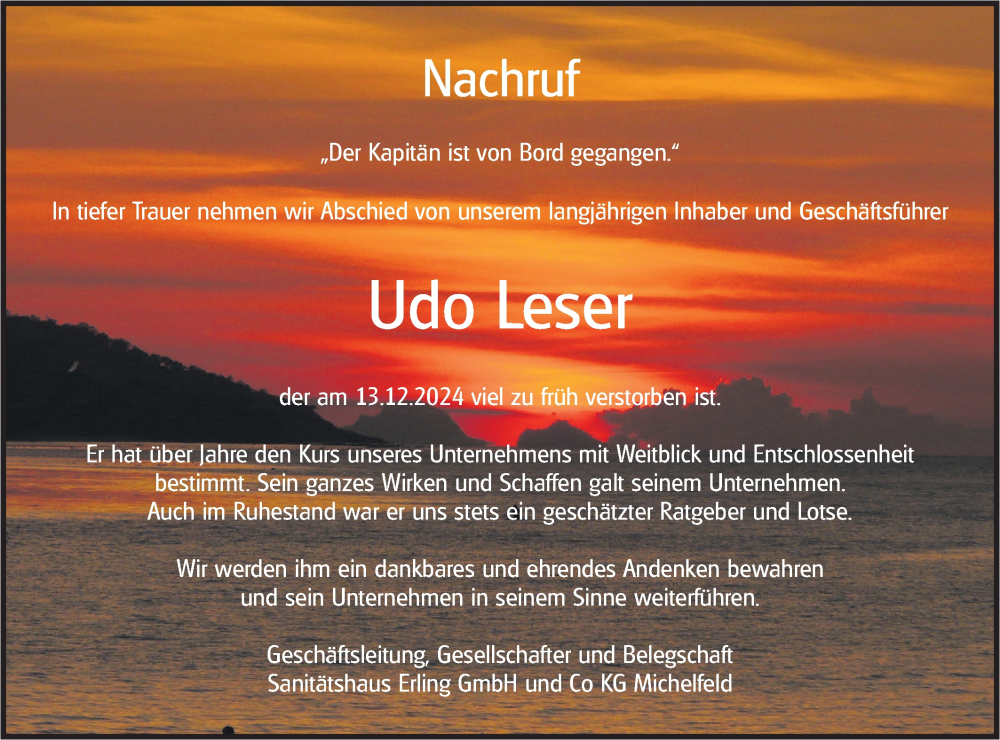  Traueranzeige für Udo Leser vom 21.12.2024 aus Haller Tagblatt