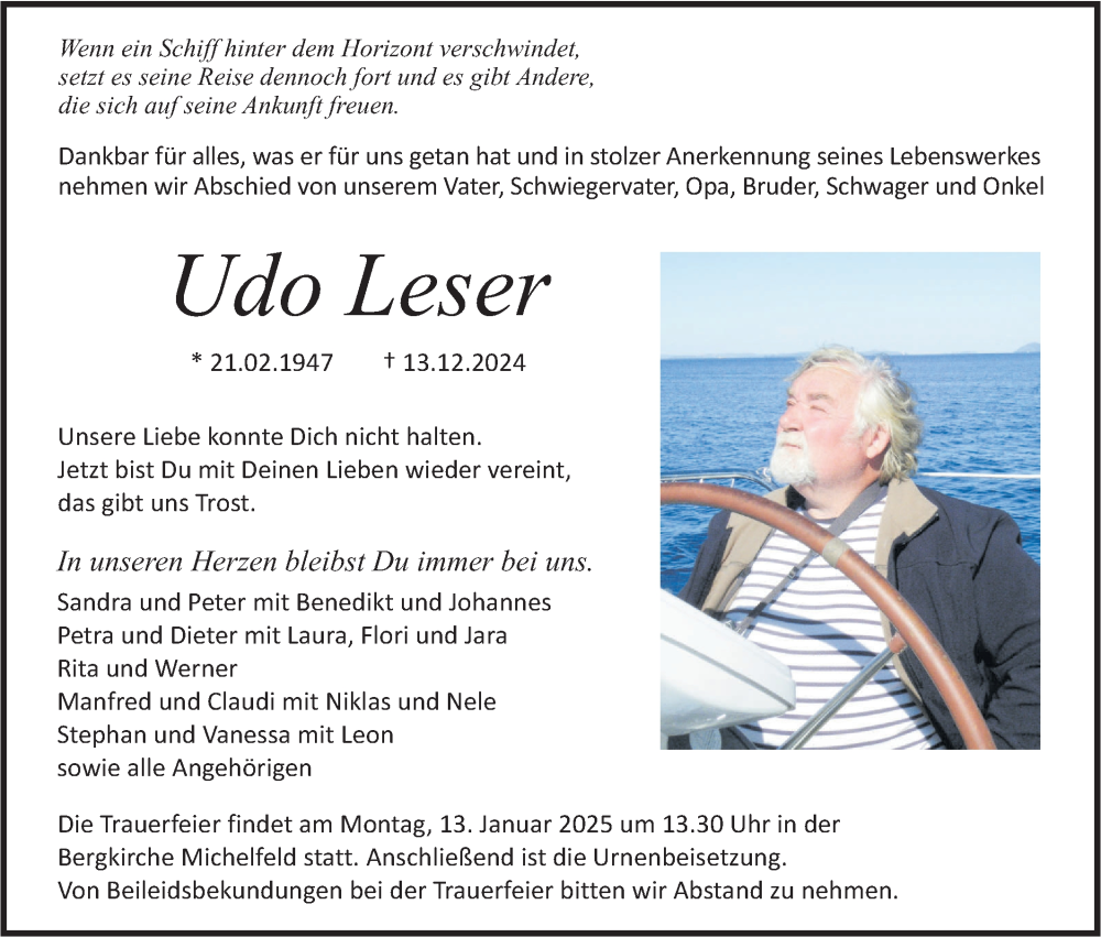  Traueranzeige für Udo Leser vom 21.12.2024 aus Haller Tagblatt