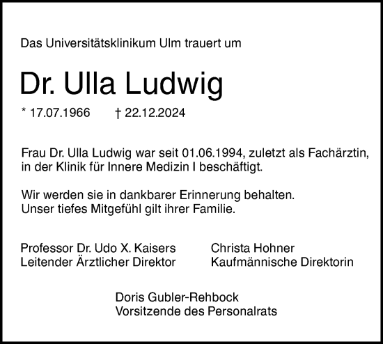 Traueranzeige von Ulla Ludwig von SÜDWEST PRESSE Ausgabe Ulm/Neu-Ulm