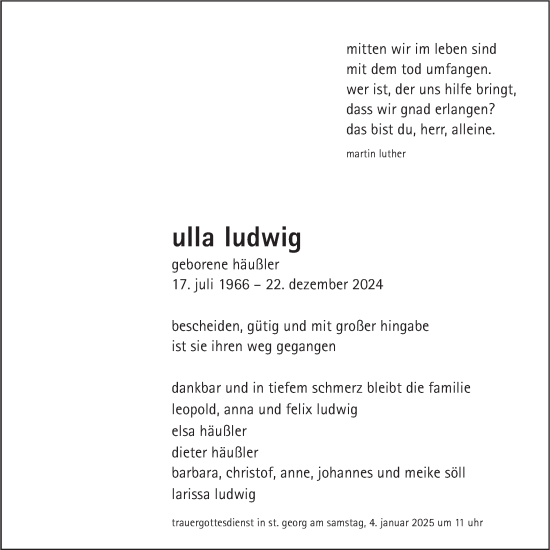 Traueranzeige von Ulla Ludwig von SÜDWEST PRESSE Ausgabe Ulm/Neu-Ulm