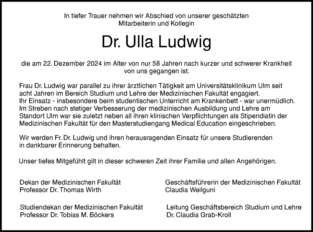  Traueranzeige für Ulla Ludwig vom 28.12.2024 aus SÜDWEST PRESSE Ausgabe Ulm/Neu-Ulm