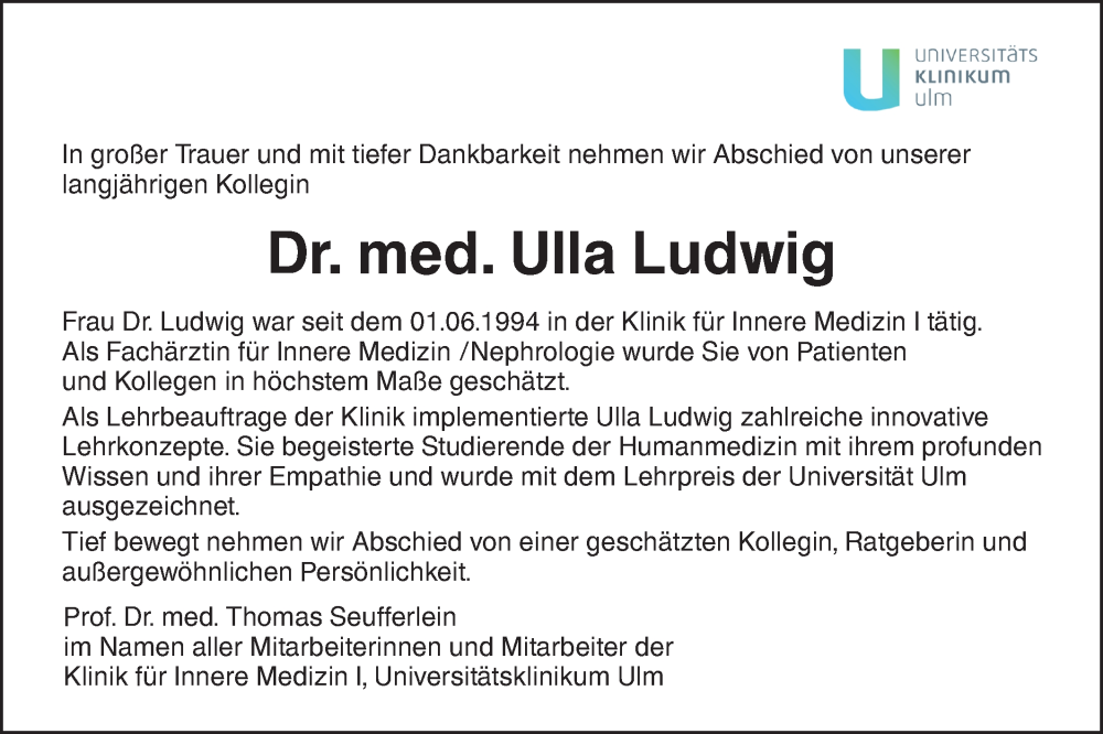  Traueranzeige für Ulla Ludwig vom 28.12.2024 aus SÜDWEST PRESSE Ausgabe Ulm/Neu-Ulm