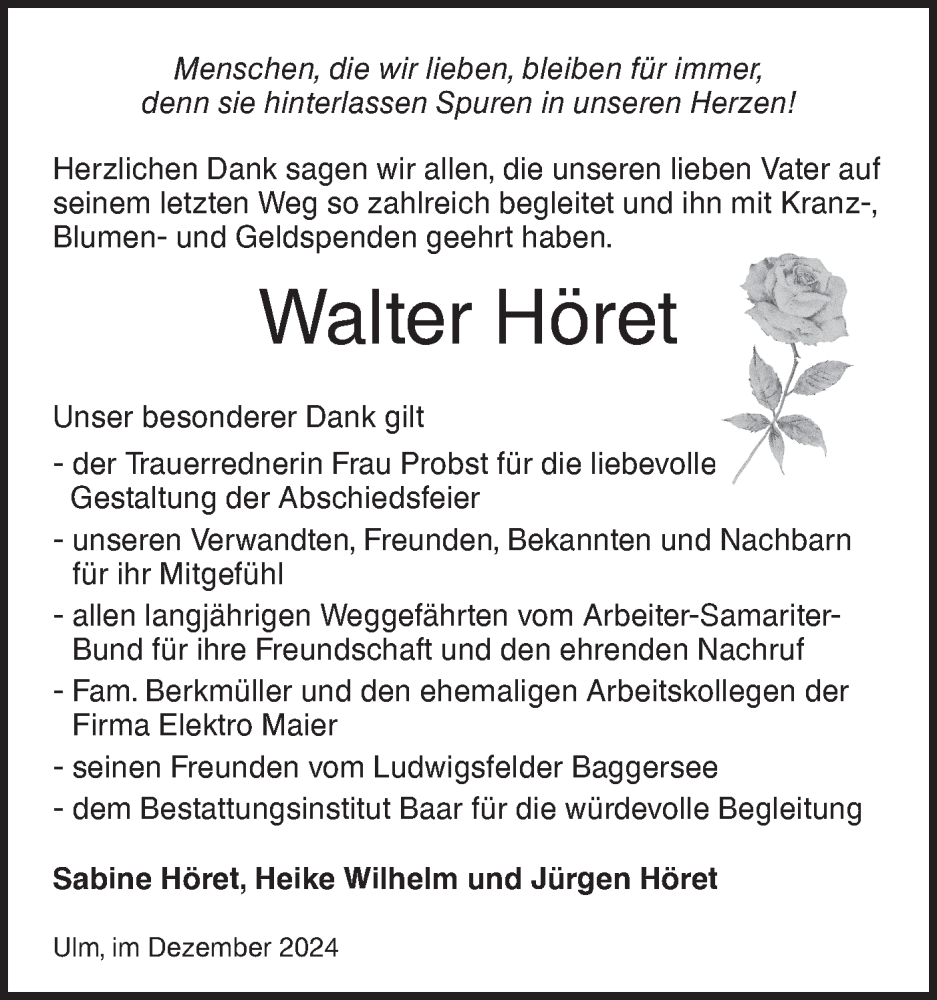 Traueranzeige für Walter Höret vom 21.12.2024 aus SÜDWEST PRESSE Ausgabe Ulm/Neu-Ulm