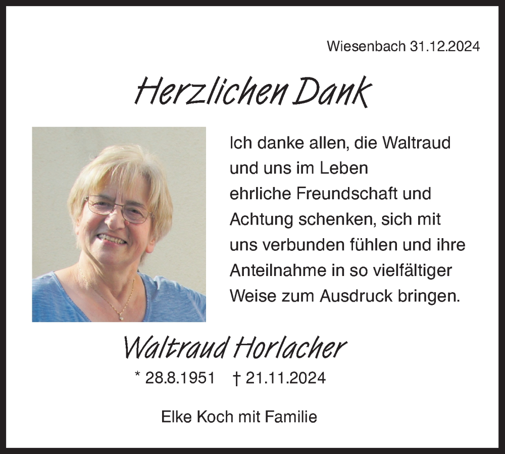  Traueranzeige für Waltraud Horlacher vom 31.12.2024 aus Hohenloher Tagblatt