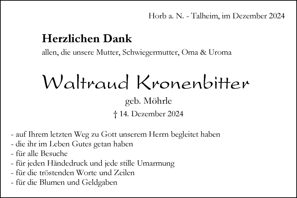  Traueranzeige für Waltraud Kronenbitter vom 28.12.2024 aus Neckar-Chronik