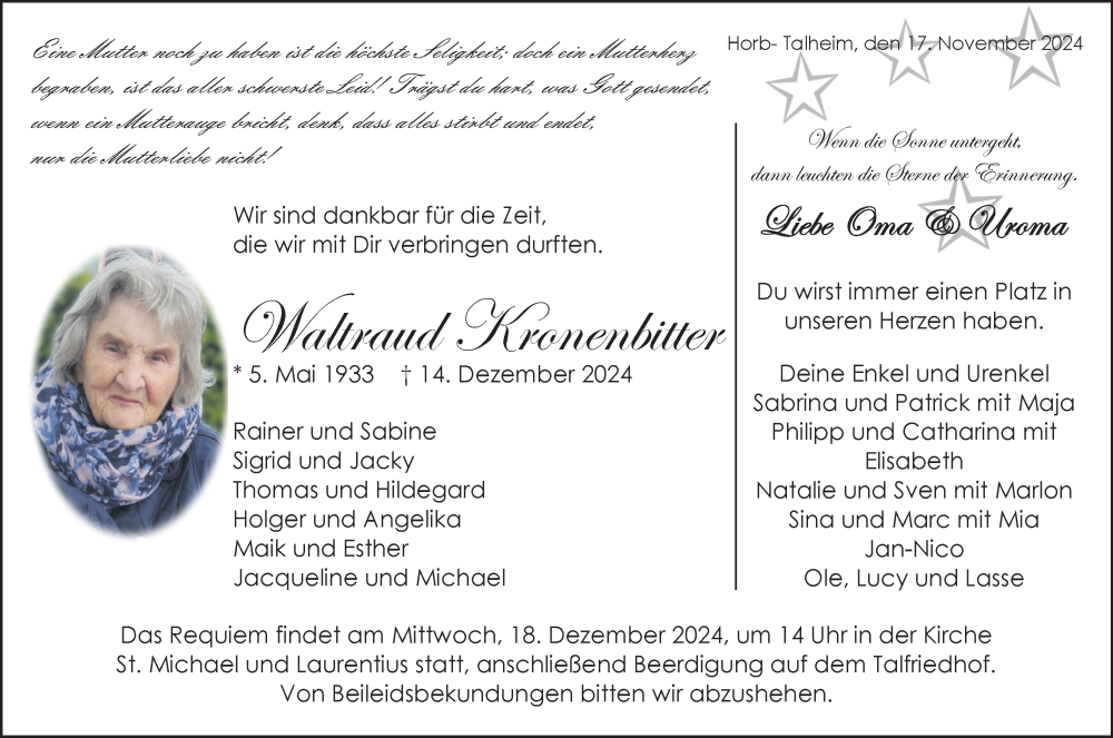 Traueranzeige für Waltraud Kronenbitter vom 17.12.2024 aus Neckar-Chronik