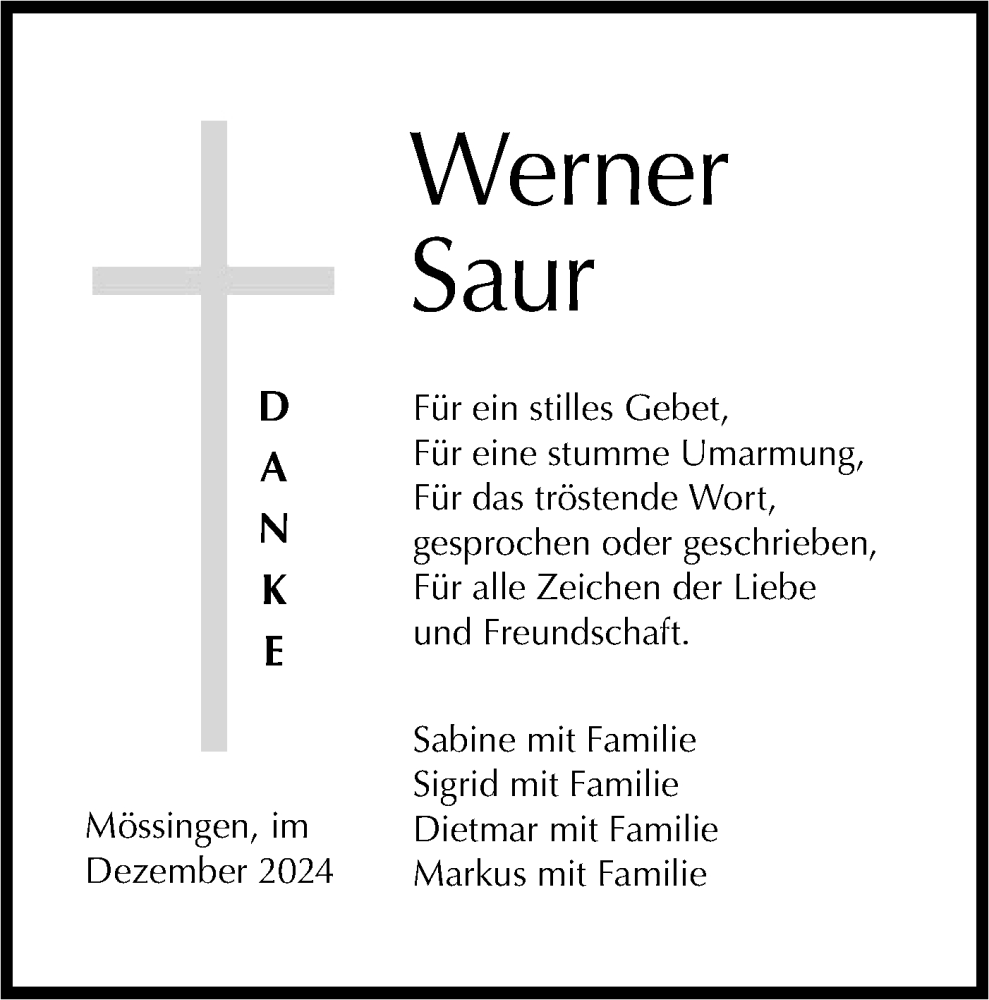  Traueranzeige für Werner Saur vom 17.12.2024 aus Schwäbische Tagblatt