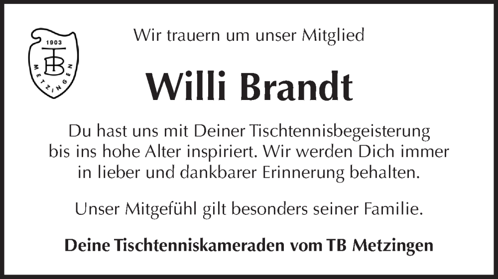  Traueranzeige für Willi Brandt vom 19.12.2024 aus Alb-Bote/Metzinger-Uracher Volksblatt
