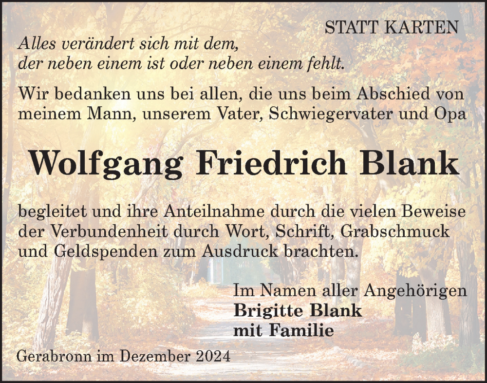 Traueranzeige für Wolfgang Friedrich Blank vom 12.12.2024 aus Hohenloher Tagblatt