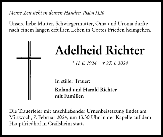 Traueranzeige von Adelheid Richter von Hohenloher Tagblatt