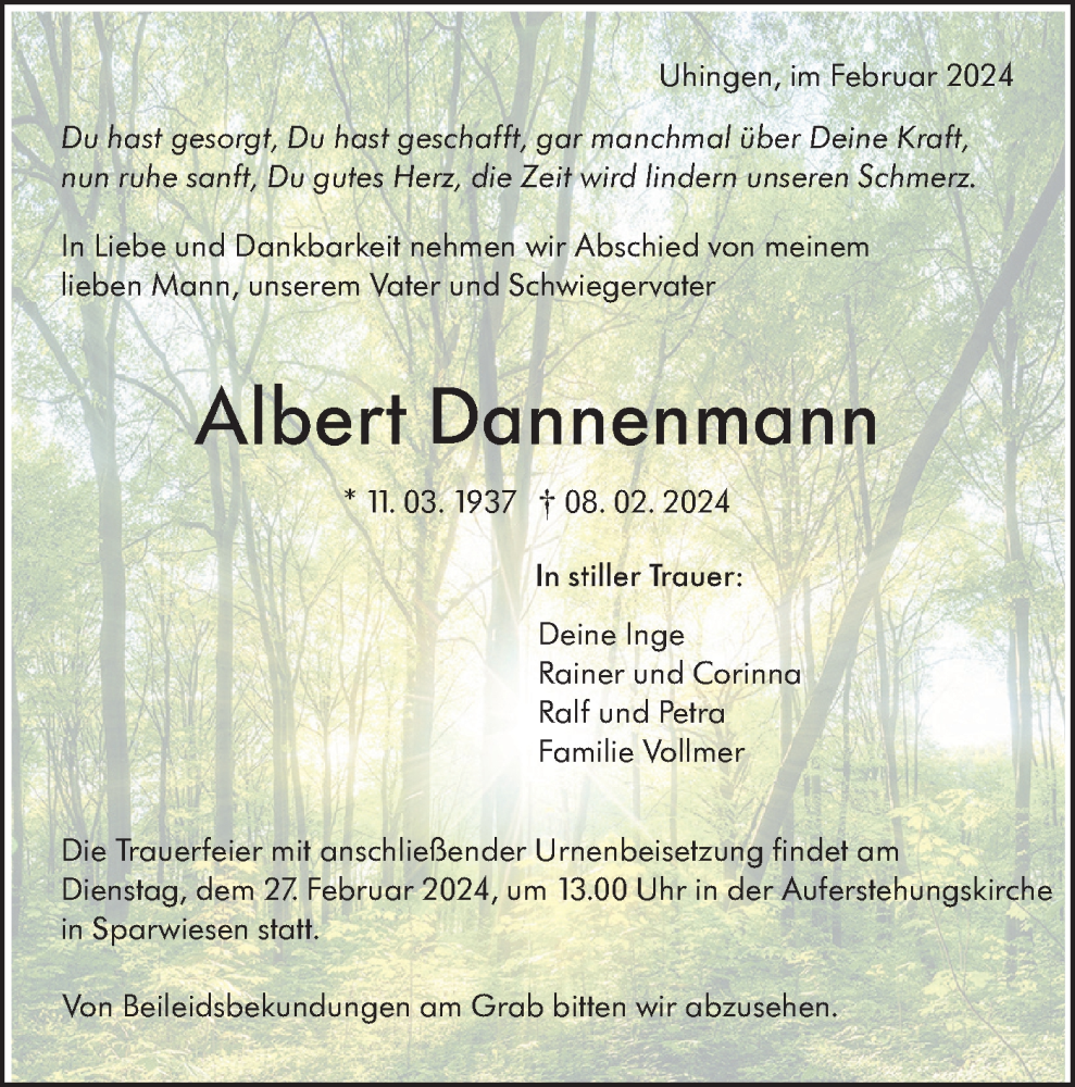  Traueranzeige für Albert Dannenmann vom 27.02.2024 aus NWZ Neue Württembergische Zeitung