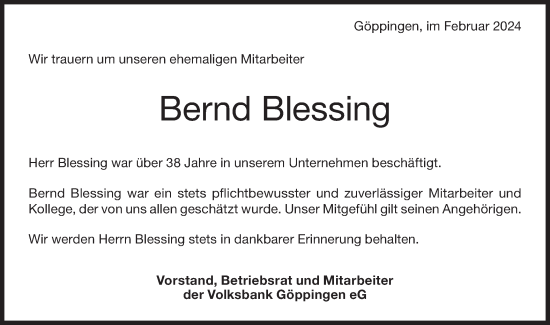Traueranzeige von Bernd Blessing von NWZ Neue Württembergische Zeitung