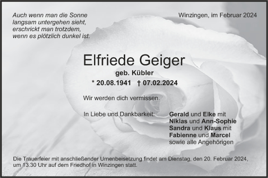 Traueranzeige von Elfriede Geiger von NWZ Neue Württembergische Zeitung