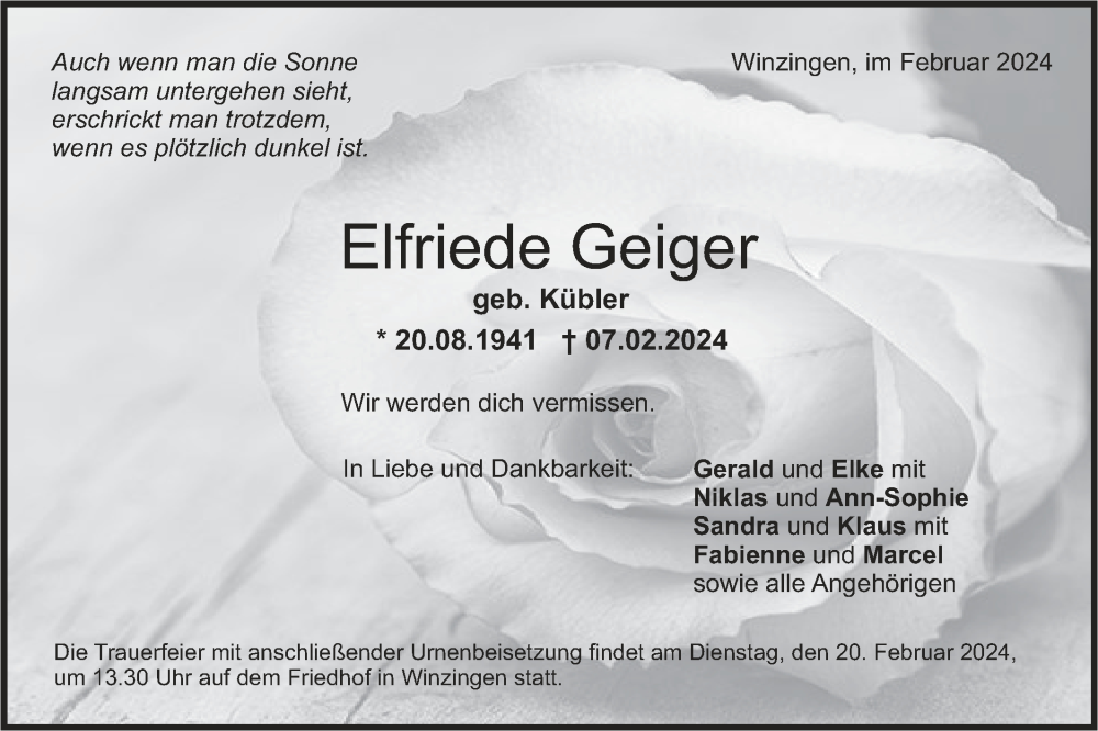  Traueranzeige für Elfriede Geiger vom 15.02.2024 aus NWZ Neue Württembergische Zeitung