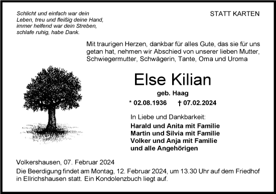Traueranzeige von Else Kilian von Hohenloher Tagblatt