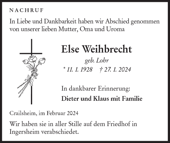 Traueranzeige von Else Weihbrecht von Hohenloher Tagblatt