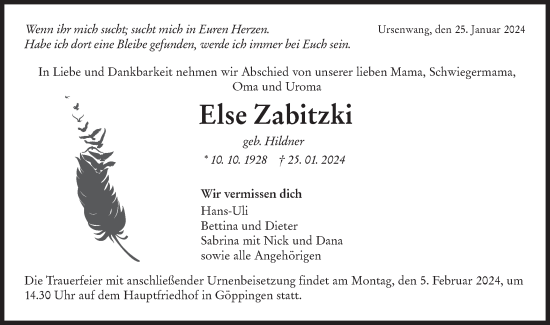Traueranzeige von Else Zabitzki von NWZ Neue Württembergische Zeitung