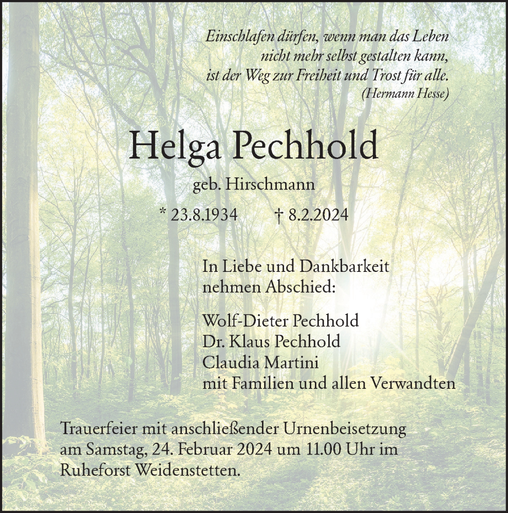 Traueranzeige für Helga Pechhold vom 17.02.2024 aus SÜDWEST PRESSE Ausgabe Ulm/Neu-Ulm