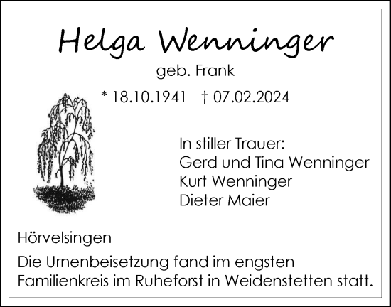 Traueranzeige von Helga Wenniger von SÜDWEST PRESSE Ausgabe Ulm/Neu-Ulm