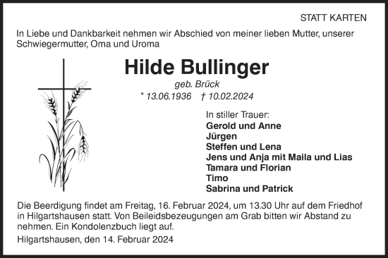 Traueranzeige von Hilde Bullinger von Hohenloher Tagblatt