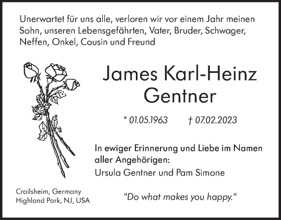 Traueranzeige von James Karl-Heinz Gentner von Hohenloher Tagblatt