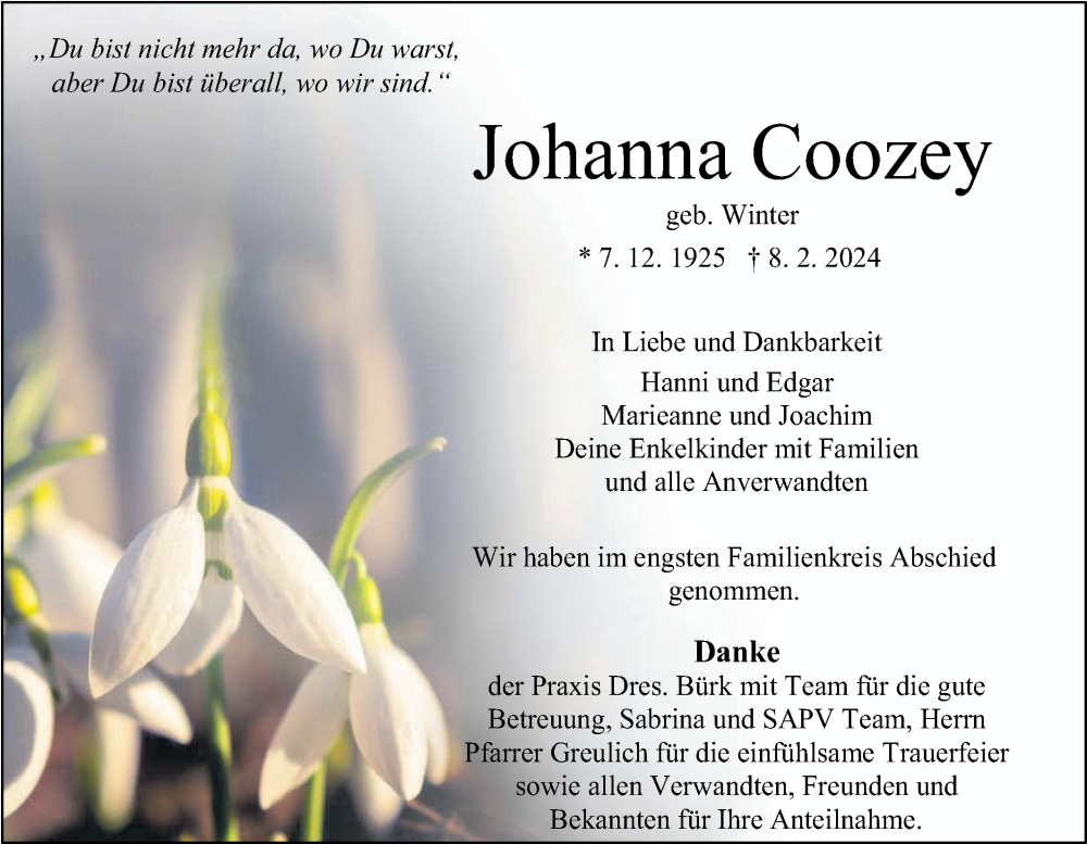  Traueranzeige für Johanna Coozey vom 21.02.2024 aus Hohenzollerische Zeitung