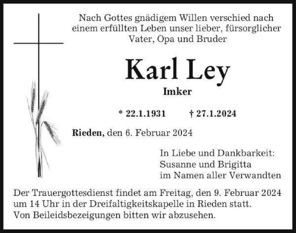  Traueranzeige für Karl Ley vom 06.02.2024 aus SÜDWEST PRESSE Ausgabe Ulm/Neu-Ulm