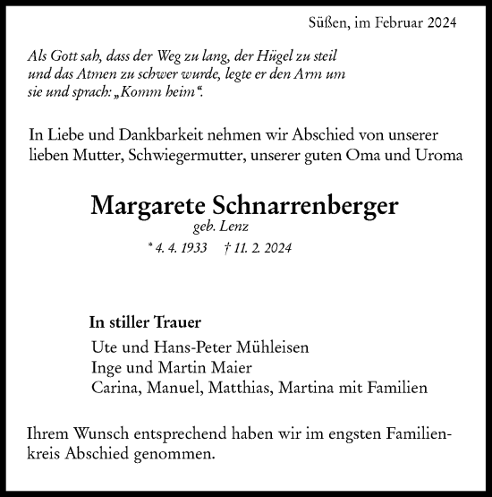 Traueranzeige von Margarete Schnarrenberger von NWZ Neue Württembergische Zeitung