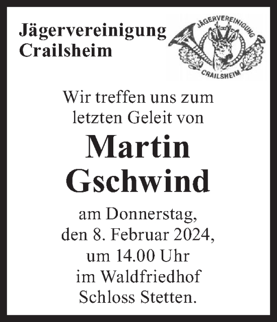 Traueranzeige von Martin Gschwind von Hohenloher Tagblatt