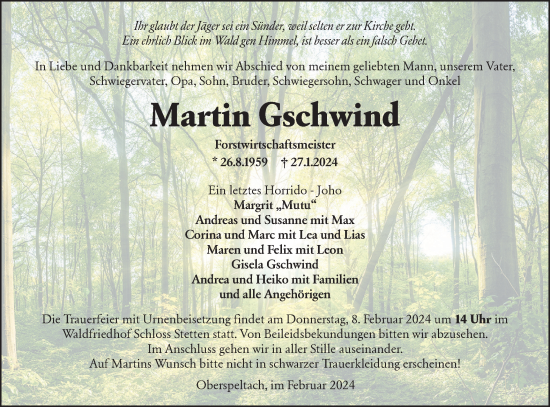Traueranzeige von Martin Gschwind von Hohenloher Tagblatt