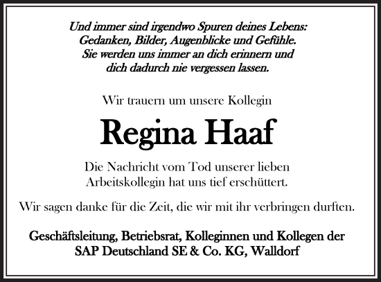 Traueranzeige von Regina Haaf von NWZ Neue Württembergische Zeitung