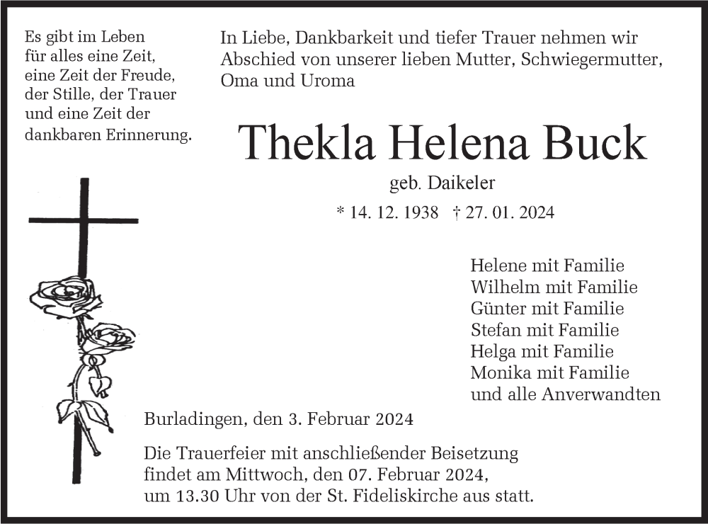  Traueranzeige für Thekla Helena Buck vom 03.02.2024 aus Hohenzollerische Zeitung