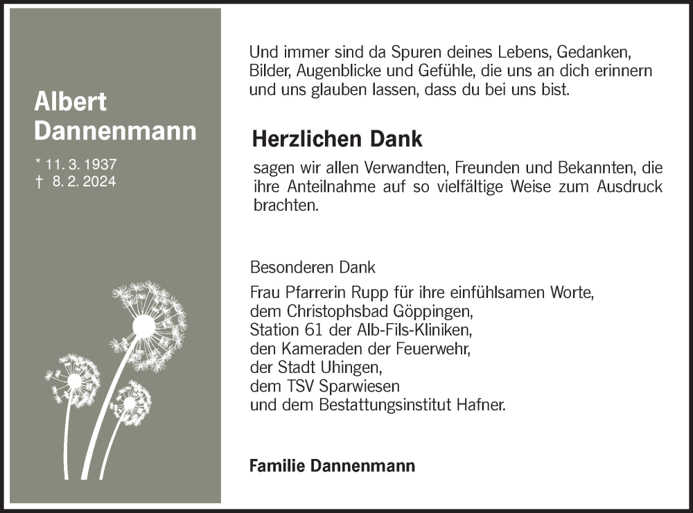  Traueranzeige für Albert Dannenmann vom 09.03.2024 aus NWZ Neue Württembergische Zeitung