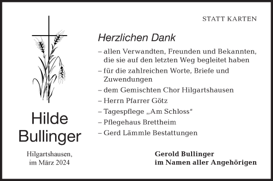 Traueranzeige von Hilde Bullinger von Hohenloher Tagblatt