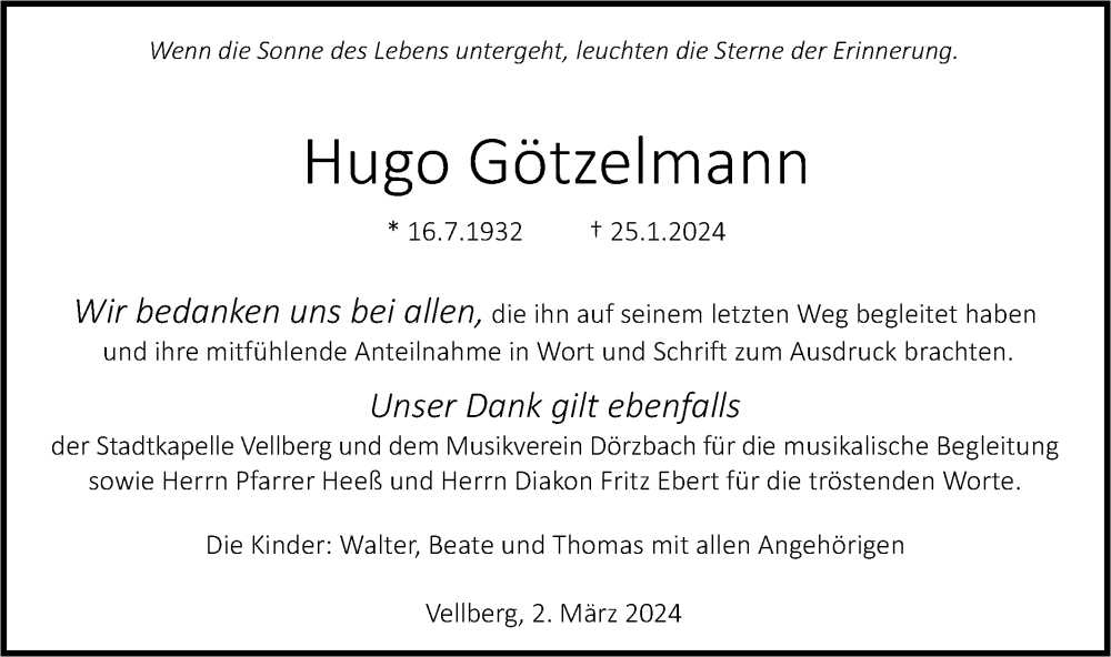  Traueranzeige für Hugo Götzelmann vom 02.03.2024 aus Haller Tagblatt
