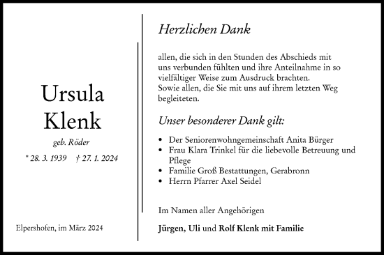 Traueranzeige von Ursula Klenk von Hohenloher Tagblatt