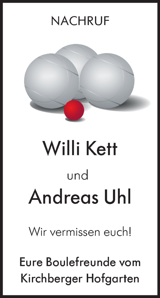 Traueranzeige von Willi Kett von Hohenloher Tagblatt