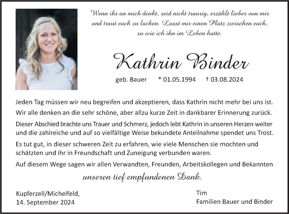  Traueranzeige für Kathrin Binder vom 14.09.2024 aus Haller Tagblatt
