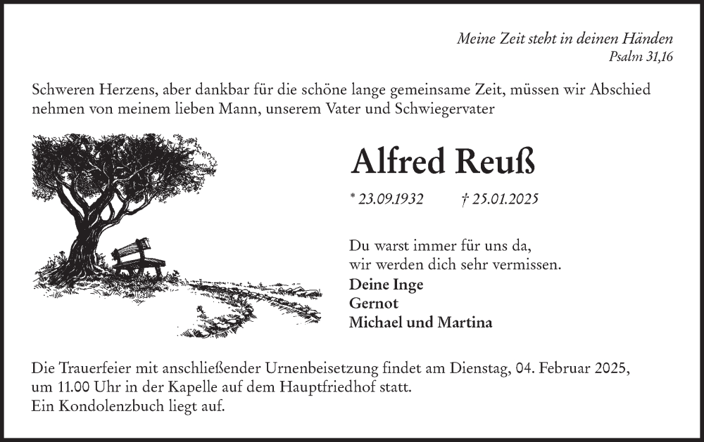  Traueranzeige für Alfred Reuß vom 31.01.2025 aus Hohenloher Tagblatt