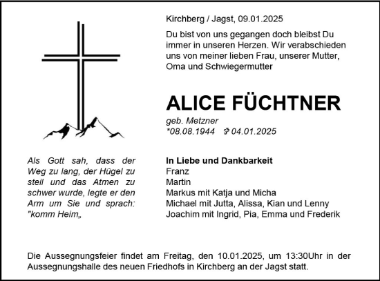 Traueranzeige von Alice Füchtner von Hohenloher Tagblatt