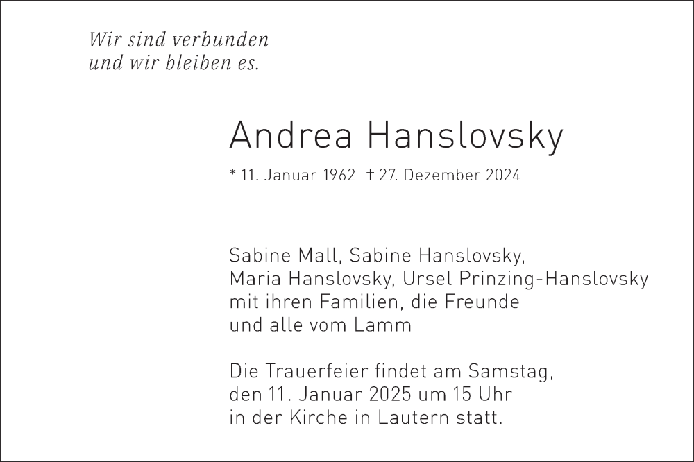  Traueranzeige für Andrea Hanslovsky vom 04.01.2025 aus SÜDWEST PRESSE Ausgabe Ulm/Neu-Ulm