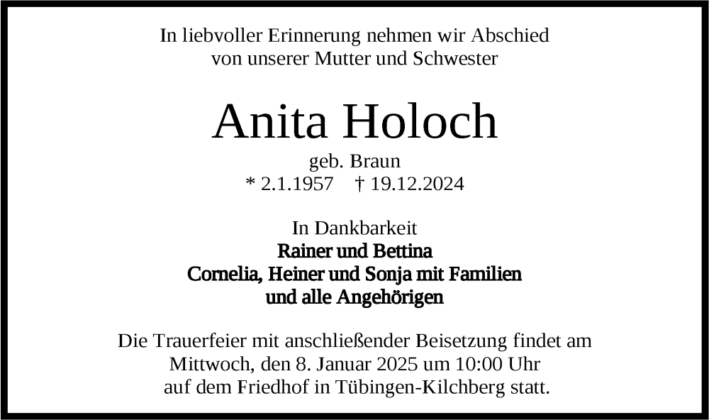  Traueranzeige für Anita Holoch vom 04.01.2025 aus Schwäbische Tagblatt