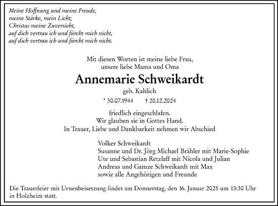Traueranzeige von Annemarie Schweikardt von NWZ Neue Württembergische Zeitung