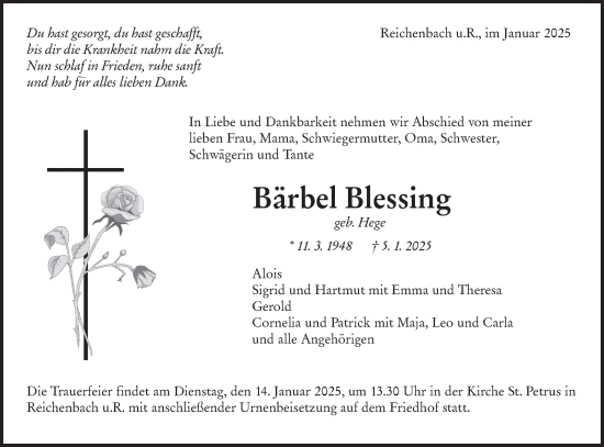 Traueranzeige von Bärbel Blessing von NWZ Neue Württembergische Zeitung